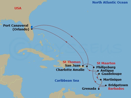 14 Night - Journeys - Southern Caribbean - Carnival Firenze - Starting in Port Canaveral (Orlando), Fl, St Thomas, US Virgin Islands, Antigua, Guadeloupe, Fwi, Martinique, Grenada, Barbados, St Maarten, San Juan, Puerto Rico, Port Canaveral (Orlando), Fl itinerary map