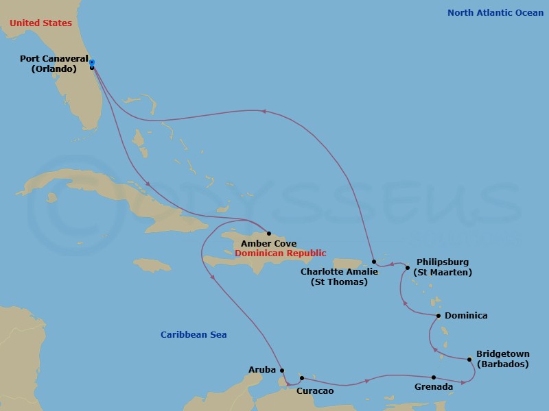 14 Night - Journeys - Southern Caribbean - Carnival Firenze - Starting in Port Canaveral (Orlando), Fl, Amber Cove, Dominican Republic, Aruba, Curacao, Grenada, Barbados, Dominica, St Maarten, St Thomas, US Virgin Islands, Port Canaveral (Orlando), Fl itinerary map
