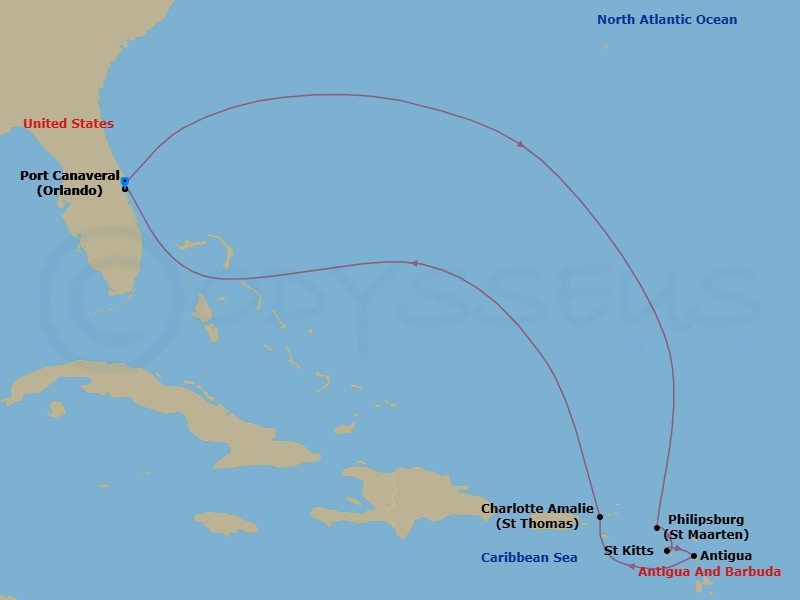9 Night - Eastern Caribbean - Carnival Firenze - Starting in Port Canaveral (Orlando), Fl, St Maarten, St Kitts, Antigua, St Thomas, US Virgin Islands, Port Canaveral (Orlando), Fl itinerary map