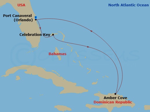 5 Night - Eastern Caribbean - Carnival Firenze - Starting in Port Canaveral (Orlando), Fl, Celebration Key, the Bahamas, Amber Cove, Dominican Republic, Port Canaveral (Orlando), Fl itinerary map