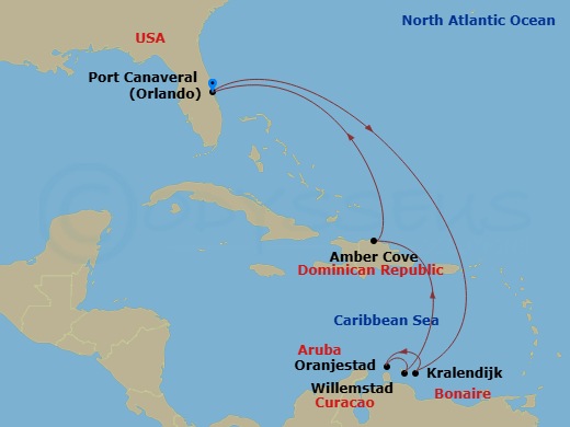 9 Night - Southern Caribbean - Carnival Firenze - Starting in Port Canaveral (Orlando), Fl, Bonaire, Aruba, Curacao, Amber Cove, Dominican Republic, Port Canaveral (Orlando), Fl itinerary map