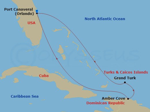 5 Night - Eastern Caribbean - Carnival Firenze - Starting in Port Canaveral (Orlando), Fl, Amber Cove, Dominican Republic, Grand Turk, Port Canaveral (Orlando), Fl itinerary map