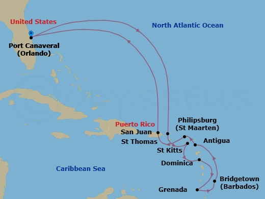 14 Night - Journeys - Southern Caribbean - Carnival Venezia - Starting in Port Canaveral (Orlando), Fl, St Thomas, US Virgin Islands, St Kitts, Dominica, Grenada, Barbados, Antigua, St Maarten, San Juan, Puerto Rico, Port Canaveral (Orlando), Fl itinerary map