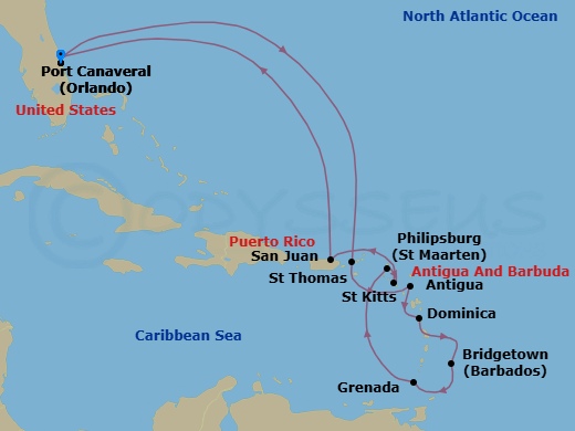 14 Night - Journeys - Southern Caribbean - Carnival Venezia - Starting in Port Canaveral (Orlando), Fl, St Thomas, US Virgin Islands, Antigua, Dominica, Barbados, Grenada, St Maarten, St Kitts, San Juan, Puerto Rico, Port Canaveral (Orlando), Fl itinerary map