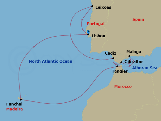 11 Night - Lisbon to Lisbon - Silver Ray - Starting in Lisbon, Funchal, Madeira, Tangier, Malaga (Costa del Sol), Gibraltar, Cadiz, Oporto (Leixoes), Lisbon itinerary map
