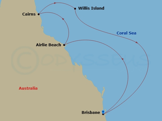 6 Night - Great Barrier Reef - Carnival Luminosa - Starting in Brisbane, Australia, Airlie Beach, Australia, Cairns, Australia, Willis Island, Brisbane, Australia itinerary map