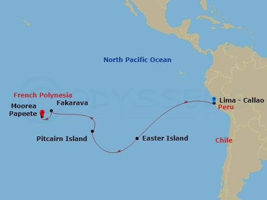 16 Night - Peru, Chile & French Polynesia Cruise : Lima, Easter Island & Mo'orea - Azamara Onward - Starting in Callao (Lima), Easter Island, Pitcairn Island, Fakarava, Moorea, Papeete, Tahiti, Moorea, Papeete, Tahiti itinerary map