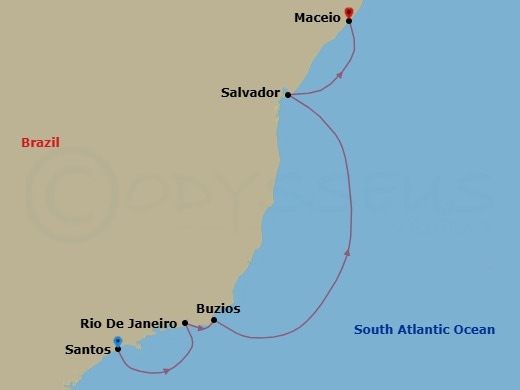 6 Night - Msc Grand Voyages - MSC Virtuosa - Starting in Santos (Sao Paulo), Brazil, Rio De Janeiro, Brazil, Buzios, Brazil, Salvador, Brazil, Maceio, Brazil itinerary map