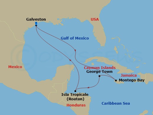 8 Night - Western Caribbean - Carnival Horizon - Starting in Galveston, Tx, Montego Bay, Jamaica, Grand Cayman, Cayman Islands, Isla Tropicale, Roatan, Galveston, Tx itinerary map