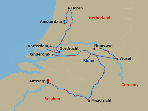 9 Night - Holland & Belgium - Viking Magni - Starting in Amsterdam, Hoorn, Dordrecht, Rotterdam, Kinderdijk, Wesel, Nijmegen, Maastricht, Antwerp itinerary map