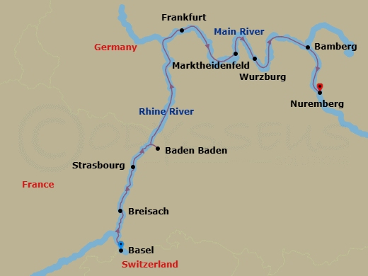 10 Night - Christmas On the Rhine & Main - Viking Kvasir - Starting in Basel, Breisach, Strasbourg, Baden-Baden, Frankfurt, Scenic Sailing Main River, Marktheidenfeld, Wurzburg, Bamberg, Nuremberg itinerary map