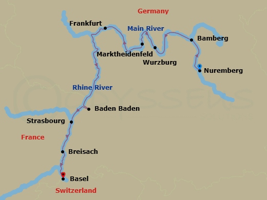 10 Night - Christmas On the Rhine & Main - Viking Kvasir - Starting in Nuremberg, Bamberg, Wurzburg, Marktheidenfeld, Scenic Sailing Main River, Frankfurt, Baden-Baden, Strasbourg, Breisach, Basel itinerary map
