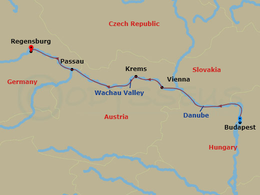7 Night - Romantic Danube - Viking Embla - Starting in Budapest, Scenic Sailing Danube Bend, Vienna, Krems, Scenic Sailing Wachau Valley, Passau, Regensburg itinerary map