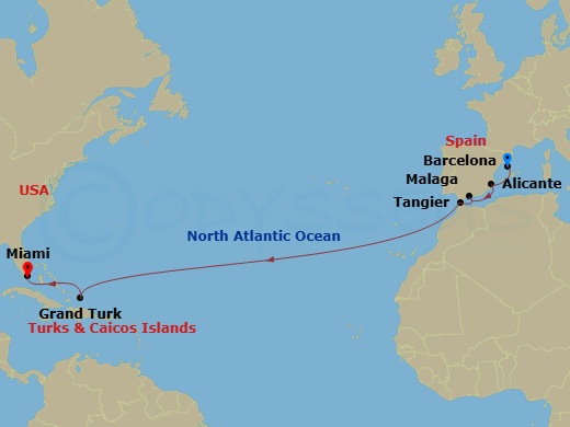 13 Night - Journeys - Transatlantic - Carnival Sunshine - Starting in Barcelona, Spain, Alicante, Spain, Malaga, Spain, Tangier, Morocco, Grand Turk, Miami, Fl itinerary map