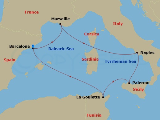 7 Night - Mediterranean Cruise - Carnival Sunshine - Starting in Barcelona, Spain, Marseilles (Provence), France, Naples (Amalfi / Pompeii), Italy, Palermo, Sicily, Italy, La Goulette (Tunis), Tunisia, Barcelona, Spain itinerary map