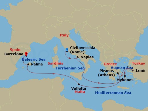 10 Night - Greek Isles Turkey & Italy - Carnival Sunshine - Starting in Civitavecchia (Rome), Italy, Naples (Amalfi / Pompeii), Italy, Mykonos, Greece, Izmir (Ephesus), Turkey, Piraeus (Athens), Greece, Valletta, Malta, Palma De Mallorca, Spain, Barcelona, Spain itinerary map