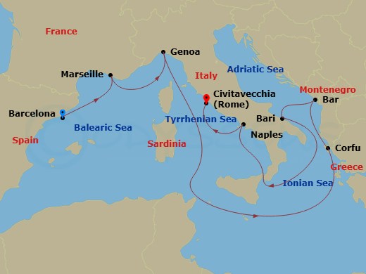 10 Night - Mediterranean - Carnival Sunshine - Starting in Barcelona, Spain, Marseilles (Provence), France, Genoa, Italy, Corfu, Greece, Montenegro, Bari, Italy, Naples (Amalfi / Pompeii), Italy, Civitavecchia (Rome), Italy itinerary map