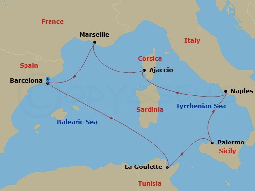 8 Night - Mediterranean - Carnival Sunshine - Starting in Barcelona, Spain, La Goulette (Tunis), Tunisia, Palermo, Sicily, Italy, Naples (Amalfi / Pompeii), Italy, Ajaccio, Corsica, France, Marseilles (Provence), France, Barcelona, Spain itinerary map
