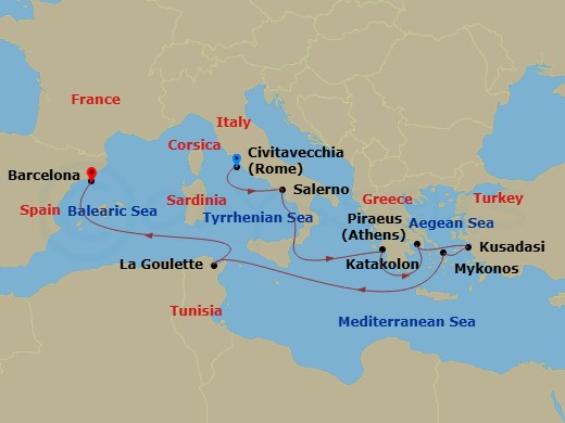 10 Night - Greek Isles Turkey & Italy - Carnival Sunshine - Starting in Civitavecchia (Rome), Italy, Salerno (Amalfi / Pompeii), Italy, Katakolon (Olympia), Greece, Piraeus (Athens), Greece, Kusadasi (Ephesus), Turkey, Mykonos, Greece, La Goulette (Tunis), Tunisia, Barcelona, Spain itinerary map