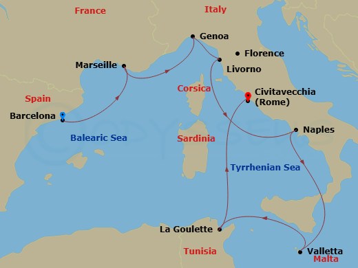 10 Night - Mediterranean - Carnival Sunshine - Starting in Barcelona, Spain, Marseilles (Provence), France, Genoa, Italy, Livorno (Florence / Pisa), Italy, Naples (Amalfi / Pompeii), Italy, Valletta, Malta, La Goulette (Tunis), Tunisia, Civitavecchia (Rome), Italy itinerary map