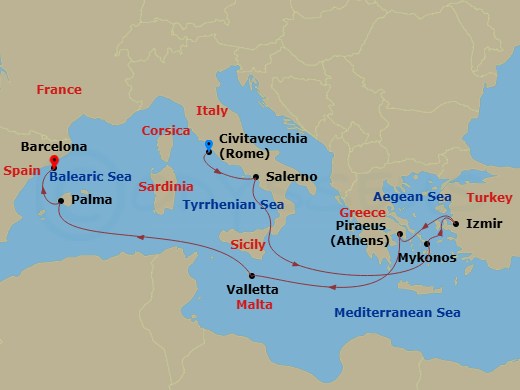 10 Night - Greek Isles Turkey & Italy - Carnival Sunshine - Starting in Civitavecchia (Rome), Italy, Salerno (Amalfi / Pompeii), Italy, Mykonos, Greece, Izmir (Ephesus), Turkey, Piraeus (Athens), Greece, Valletta, Malta, Palma De Mallorca, Spain, Barcelona, Spain itinerary map