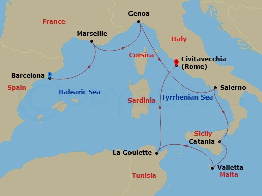 10 Night - Journeys - Eclipse - Carnival Sunshine - Starting in Barcelona, Spain, Marseilles (Provence), France, Genoa, Italy, Salerno (Amalfi / Pompeii), Italy, Catania, Sicily, Italy, Valletta, Malta, La Goulette (Tunis), Tunisia, Civitavecchia (Rome), Italy itinerary map