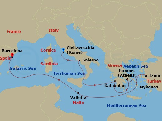 10 Night - Greek Isles Turkey & Italy - Carnival Sunshine - Starting in Civitavecchia (Rome), Italy, Salerno (Amalfi / Pompeii), Italy, Katakolon (Olympia), Greece, Piraeus (Athens), Greece, Izmir (Ephesus), Turkey, Mykonos, Greece, Valletta, Malta, Barcelona, Spain itinerary map