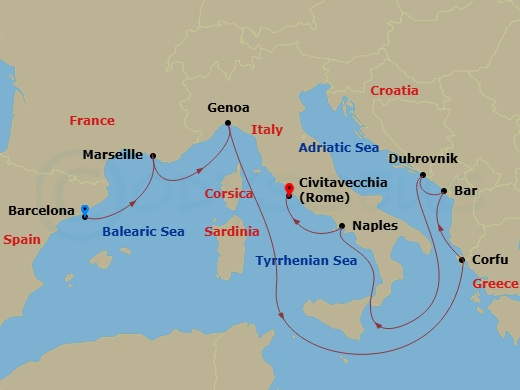 10 Night - Croatia Greece & Italy - Carnival Sunshine - Starting in Barcelona, Spain, Marseilles (Provence), France, Genoa, Italy, Corfu, Greece, Montenegro, Dubrovnik, Croatia, Naples (Amalfi / Pompeii), Italy, Civitavecchia (Rome), Italy itinerary map