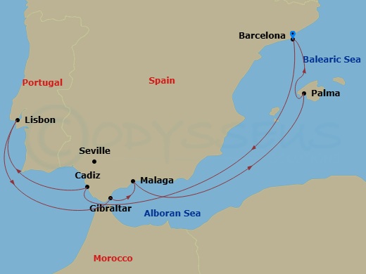 8 Night - Spain Portugal & France - Carnival Sunshine - Starting in Barcelona, Spain, Cadiz (Seville), Spain, Lisbon, Portugal, Gibraltar, Malaga, Spain, Palma De Mallorca, Spain, Barcelona, Spain itinerary map