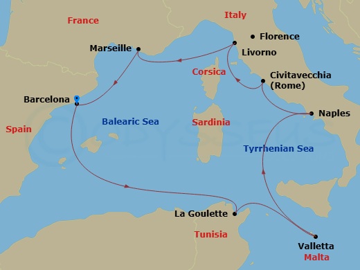 10 Night - Mediterranean - Carnival Sunshine - Starting in Barcelona, Spain, La Goulette (Tunis), Tunisia, Valletta, Malta, Naples (Amalfi / Pompeii), Italy, Civitavecchia (Rome), Italy, Livorno (Florence / Pisa), Italy, Marseilles (Provence), France, Barcelona, Spain itinerary map