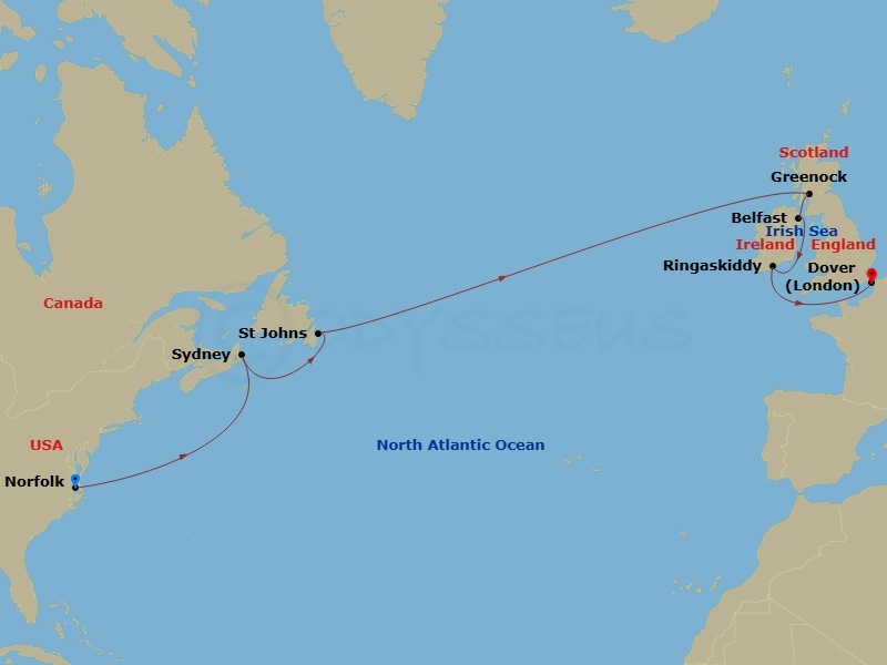 15 Night - Carnival Journeys - Transatlantic - Carnival Sunshine - Starting in Norfolk, Va, Sydney NS, Canada, St Johns NF, Canada, Greenock (Glasgow), Scotland, Belfast, Northern Ireland, Ringaskiddy (Cork), Ireland, Dover UK (London), England itinerary map