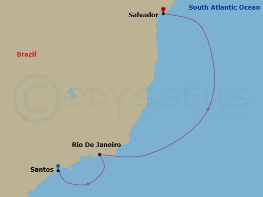 3 Night - Msc Grand Voyages - MSC Divina - Starting in Santos (Sao Paulo), Brazil, Rio De Janeiro, Brazil, Salvador, Brazil itinerary map