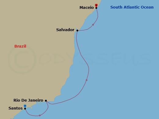 4 Night - Msc Grand Voyages - MSC Divina - Starting in Santos (Sao Paulo), Brazil, Rio De Janeiro, Brazil, Salvador, Brazil, Maceio, Brazil itinerary map