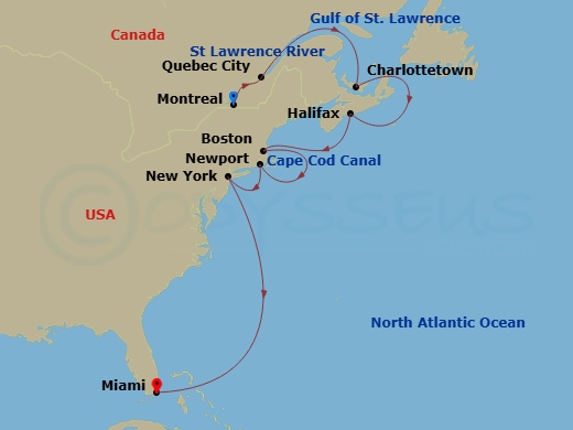 14 Night - Montreal to Miami - Silver Shadow - Starting in Montreal, Quebec City, Charlottetown, Prince Edward Island, Halifax, Nova Scotia, Boston, Massachusetts, Cape Cod Canal Transit (Canal Transit, Massachusetts), Newport, Rhode Island, New York, NY, Miami, Fl itinerary map