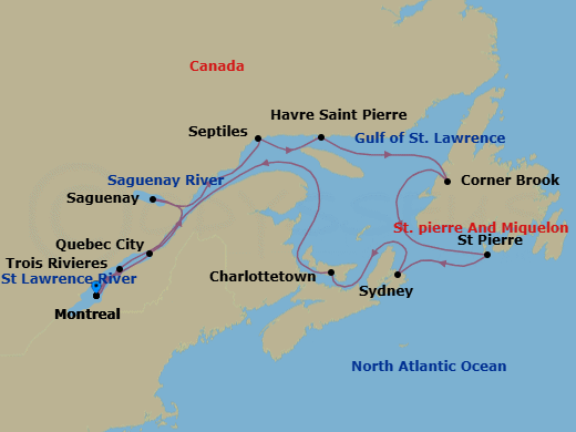 12 Night - Montreal to Montreal - Silver Shadow - Starting in Montreal, Quebec City, Saguenay, Quebec, Sept-iles, Quebec, Havre St Pierre, Quebec, Corner Brook, Newfoundland, St Pierre, Sydney NS, Nova Scotia, Charlottetown, Prince Edward Island, Trois-Rivieres, Montreal itinerary map