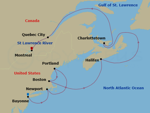 11 Night - Bayonne to Montreal - Silver Shadow - Starting in Bayonne, New Jersey, Newport, Rhode Island, Cape Cod Canal Transit (Canal Transit, Massachusetts), Portland ME, Boston, Massachusetts, Halifax, Nova Scotia, Charlottetown, Prince Edward Island, Quebec City, Montreal itinerary map
