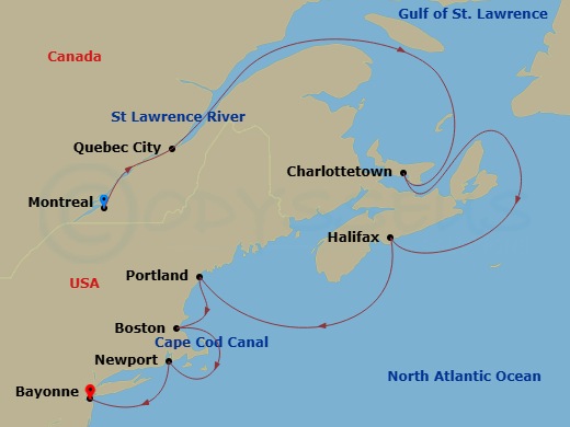 11 Night - Montreal to Bayonne - Silver Shadow - Starting in Montreal, Quebec City, Charlottetown, Prince Edward Island, Halifax, Nova Scotia, Portland ME, Boston, Massachusetts, Cape Cod Canal Transit (Canal Transit, Massachusetts), Newport, Rhode Island, Bayonne, New Jersey itinerary map