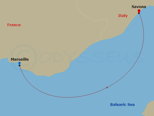 1 Night - Europe from Marseille to Savona - Costa Favolosa - Starting in Marseille, Savona itinerary map