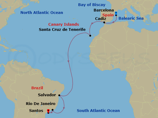 14 Night - Msc Grand Voyages - MSC Armonia - Starting in Barcelona, Spain, Cadiz (Seville), Spain, Santa Cruz de Tenerife, Salvador, Brazil, Rio De Janeiro, Brazil, Santos (Sao Paulo), Brazil itinerary map