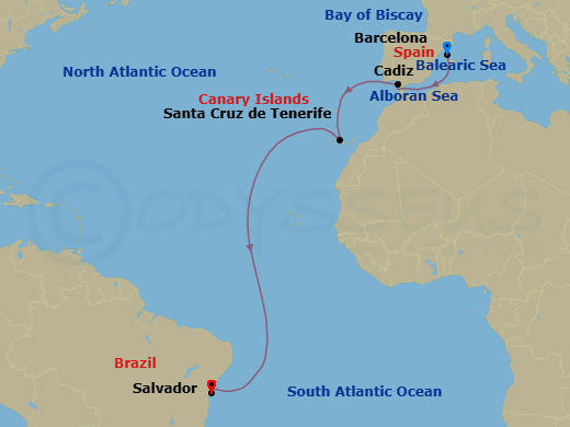 11 Night - Msc Grand Voyages - MSC Armonia - Starting in Barcelona, Spain, Cadiz (Seville), Spain, Santa Cruz de Tenerife, Salvador, Brazil itinerary map
