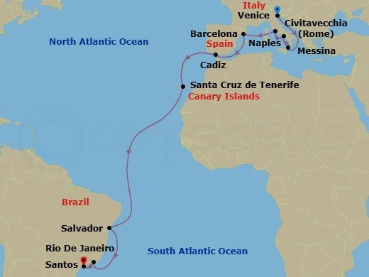 20 Night - Msc Grand Voyages - MSC Armonia - Starting in Venice / Marghera, Italy, Messina (Taormina), Italy, Naples (Pompeii), Italy, Civitavecchia (Rome), Italy, Barcelona, Spain, Cadiz (Seville), Spain, Santa Cruz de Tenerife, Salvador, Brazil, Rio De Janeiro, Brazil, Santos (Sao Paulo), Brazil itinerary map