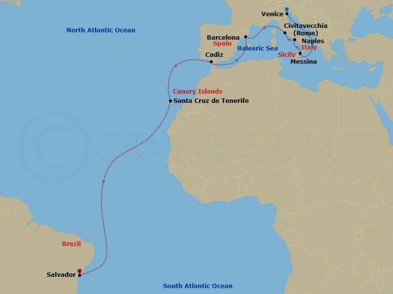 17 Night - Msc Grand Voyages - MSC Armonia - Starting in Venice / Marghera, Italy, Messina (Taormina), Italy, Naples (Pompeii), Italy, Civitavecchia (Rome), Italy, Barcelona, Spain, Cadiz (Seville), Spain, Santa Cruz de Tenerife, Salvador, Brazil itinerary map