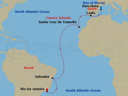 13 Night - Msc Grand Voyages - MSC Armonia - Starting in Barcelona, Spain, Cadiz (Seville), Spain, Santa Cruz de Tenerife, Salvador, Brazil, Rio De Janeiro, Brazil itinerary map