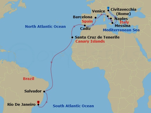 19 Night - Msc Grand Voyages - MSC Armonia - Starting in Venice / Marghera, Italy, Messina (Taormina), Italy, Naples (Pompeii), Italy, Civitavecchia (Rome), Italy, Barcelona, Spain, Cadiz (Seville), Spain, Santa Cruz de Tenerife, Salvador, Brazil, Rio De Janeiro, Brazil itinerary map