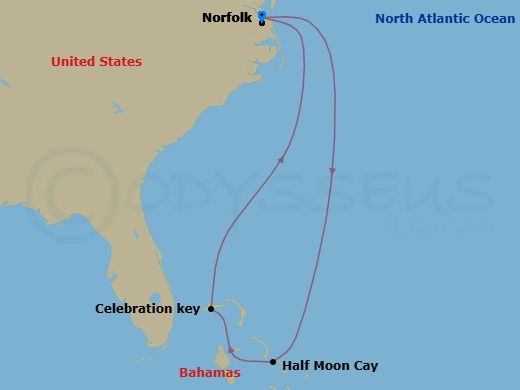 6 Night - Bahamas - Carnival Freedom - Starting in Norfolk, Va, Relaxaway, Half Moon Cay, Celebration Key, the Bahamas, Norfolk, Va itinerary map