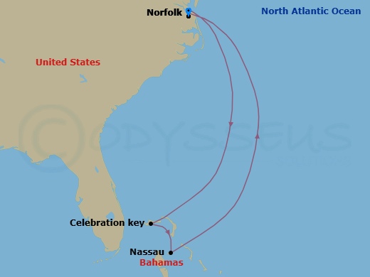 6 Night - Bahamas - Carnival Freedom - Starting in Norfolk, Va, Celebration Key, the Bahamas, Nassau, Bahamas, Norfolk, Va itinerary map