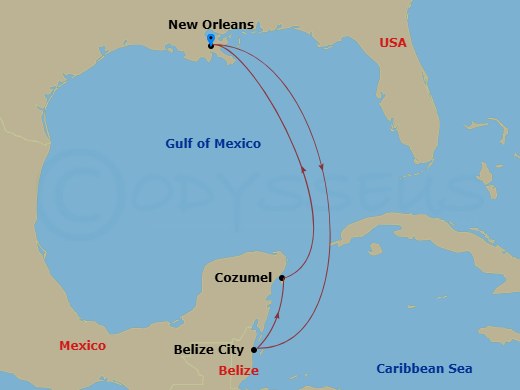 6 Night - Western Caribbean - Carnival Liberty - Starting in New Orleans, La, Cozumel, Mexico, Belize, New Orleans, La itinerary map
