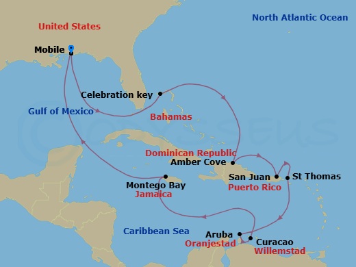 14 Night - Carnival Journeys - Southern Caribbean - Carnival Valor - Starting in Mobile, Al, Celebration Key, the Bahamas, Amber Cove, Dominican Republic, San Juan, Puerto Rico, St Thomas, US Virgin Islands, Aruba, Curacao, Montego Bay, Jamaica, Mobile, Al itinerary map
