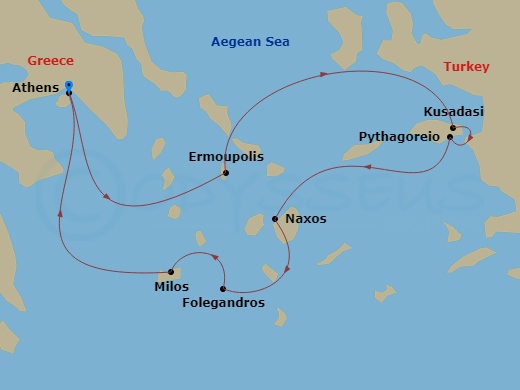 7 Night - Off the Beaten Path Greek Islands - Wind Surf - Starting in Athens, Greece, Ermoupolis, Kusadasi, Pythagoreio, Greece, Naxos, Greece, Folegandros, Greece, Milos, Greece, Athens, Greece itinerary map