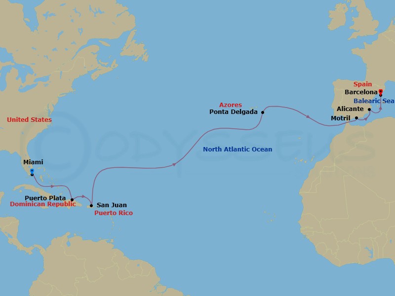 15 Night - Repo - Transatlantic - Norwegian Star - Starting in Miami, Fl, Puerto Plata, Dominican Republic, San Juan, Pr, Ponta Delgada, Portugal, Motril, Spain, Alicante, Spain, Barcelona, Spain itinerary map